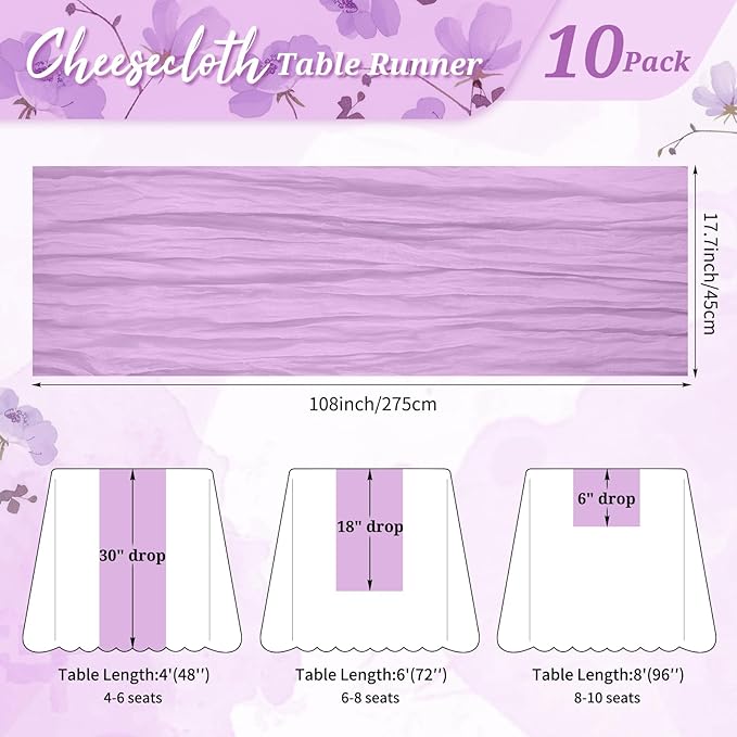 10 Pack Cheesecloth Table Runner Light Purple, Rustic Boho Gauze Fabric Table Runner Romantic Table Runner for Wedding, Festival, Birthday, Anniversary, Dinner and Outdoor Events (17.7 x 108 inch)