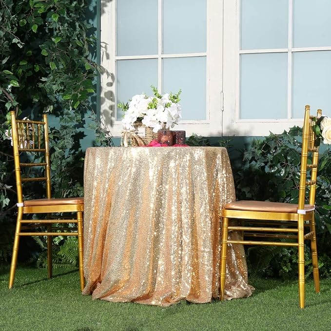 Juya Delight 120'' Round Sequin Tablecloth Light Gold Glitter Table Cloth for Party Wedding Birthday Baby Shower Decorations