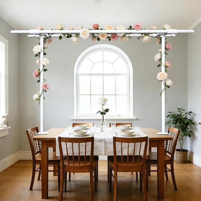 Beyeutao Over The Table Rod Stand with Clamps Adjustable Double Crossbar Table Arch Stand 16"-87" Length 16"-45" Height White Table Banner stand Garden Arbors Fit for Wedding Birthday Party Christmas Decoration