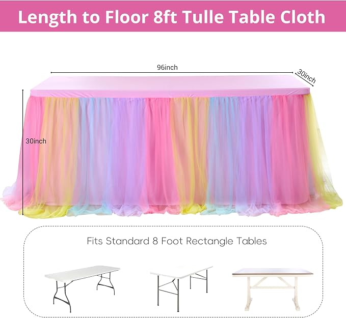 4 pk 8ft Rainbow Tulle Tablecloth for Rectangle Tables, 2-in-1 Pastel Color Table Covers with Tulle Skirt,Wrinkle Free Stretchy Ruffle Tulle Table Cloths Fitted for Wedding Party Banquet Vendor