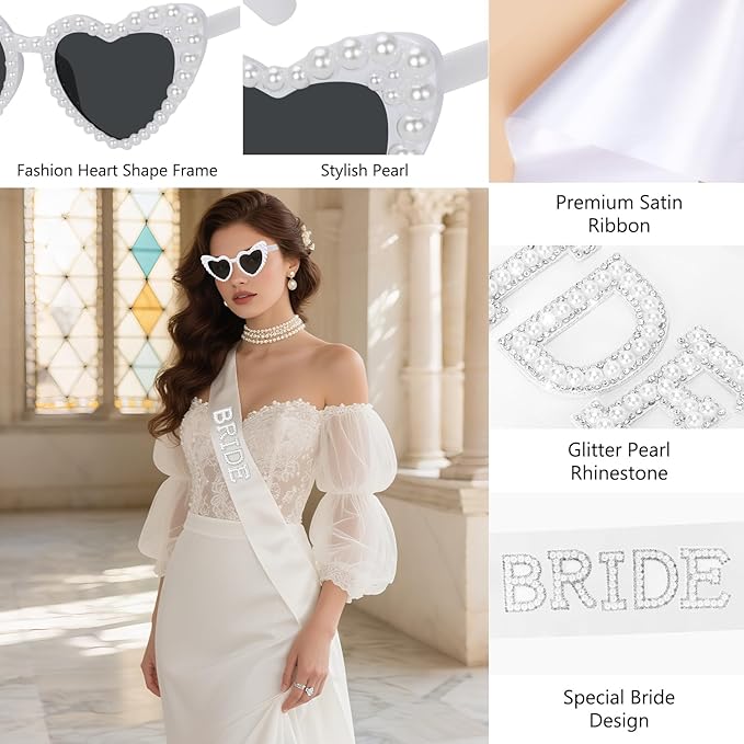 4 Pcs Bachelorette Party Decorations, BRIDE Crown ,Pearl Bride Sash,White Bow Bride Veil,Bride Sunglasses for Women Bachelorette Party Gifts, Bridal Shower Supplies, Brides Accessories ,Gifts, Favors