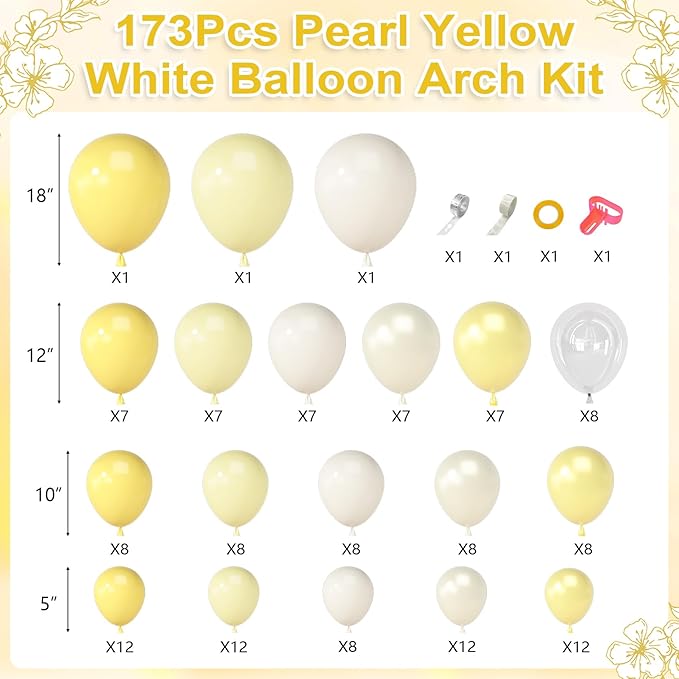 Amandir 173 Pcs Yellow Balloon Arch Kit, Double Stuffed Pastel Light Yellow Pearl White Sand Clear Balloons for Bee Lemon Wedding Bridal Shower Engagement Anniversary Birthday Party Decorations
