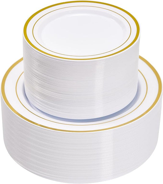 Fijinhom 200PCS Gold Plastic Plates, Disposable Plates with 100PCS 10" Dinner Plates & 100PCS 7" Dessert Plates for 100 Guests, Plastic Party Plates for Wedding, Birthday, Gold