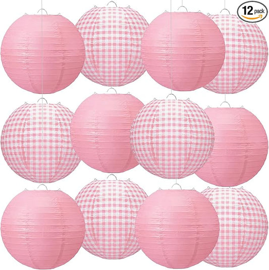 Honoson 12 Pcs Pink Gingham Paper Lanterns Decoration10 Inch White and Pink Checkered Plaid Round Chinese Hanging Lanterns for Baby Girl Shower Wedding Birthday Picnic BBQ Decoration
