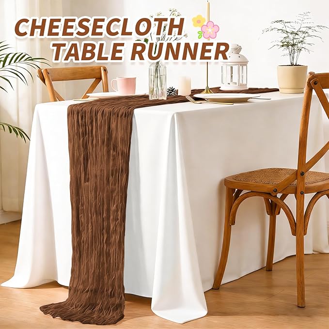 6 Pack Cheesecloth Table Runner,Brown Table Runner Long Romantic Semi Sheer Rustic Boho Gauze Table Runners for Wedding Bridal Shower Birthday Party Decorations(17.7×108 Inch)
