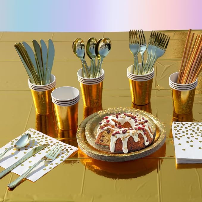201-piece disposable party tableware set with paper plates, cups, napkins, straws, tablecloths, plastic knives, forks and spoons for a variety of party occasions for up to 25 people (Golden Glass)