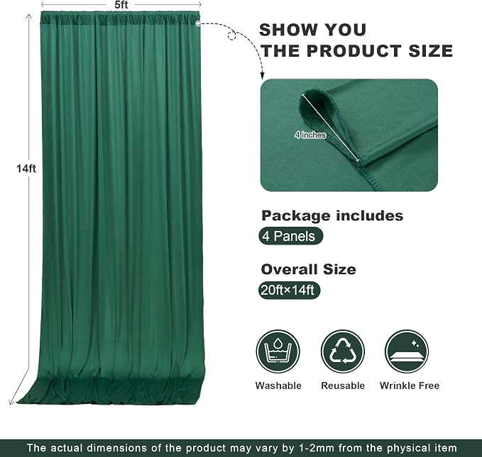 20ft x 14ft Hunter Green Backdrop Curtains for Wedding Parties, 4 Panels Wrinkle Free Polyester Fabric Drapes for Reception, Photography Background, Baby Shower & Stage Decor (5ft x 14ft Each)