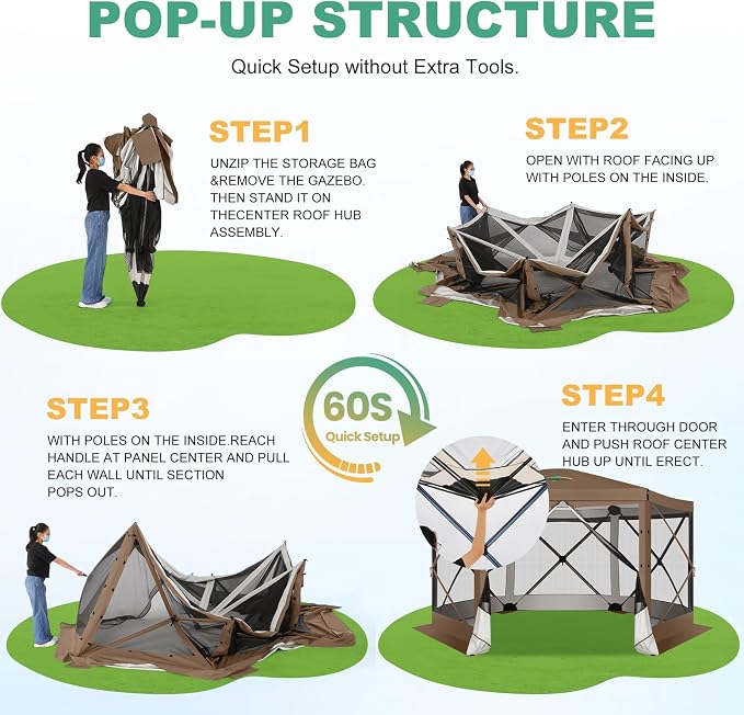COBIZI 12x12 FT Pop Up Canopy Extendable Tent, Gazebos On Clearance With Removable Roof, Screened In Gazebo,Screen Tents Portable carpas para patio for Outdoor Camping,Backyard, Garden,Brown(Upgraded)