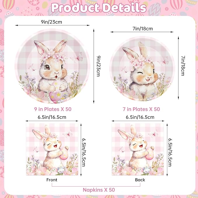 150 Pcs Easter Paper Plates and Napkins Sets Party Supplies - Disposable Cute Pink Plaid Easter Bunny Eggs Dinner Plate Napkin Paper Tableware for Spring Easter Table Decorations Party Supply,Serve 50