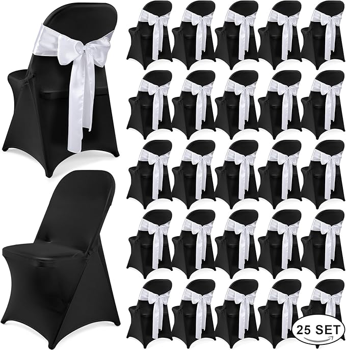 Lounsweer 50 Pcs Folding Chair Cover Set with 25 Stretch Spandex Slipcovers 25 Satin Chair Sashes Bows Ribbon Washable Banquet Protector for Wedding Event Party(Black, White)