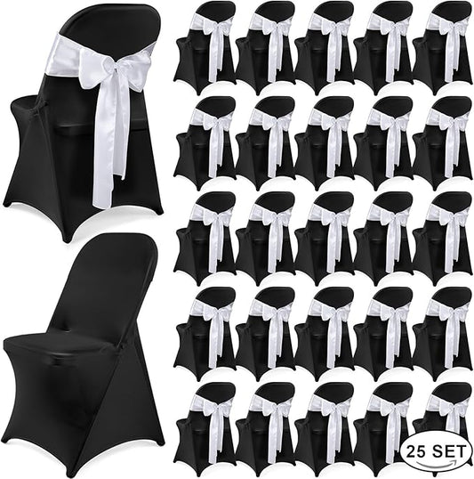 Lounsweer 50 Pcs Folding Chair Cover Set with 25 Stretch Spandex Slipcovers 25 Satin Chair Sashes Bows Ribbon Washable Banquet Protector for Wedding Event Party(Black, White)