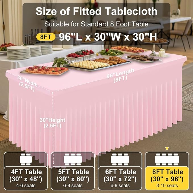 Smiry Spandex Tablecloth, Elastic Fitted Stretch Tablecloth for 8FT Rectangle Tables, Waterproof Washable Table Cover Skirt for Wedding, Banquet & Valentine's Day Parties (Pink, 96Lx30Wx30H Inch)