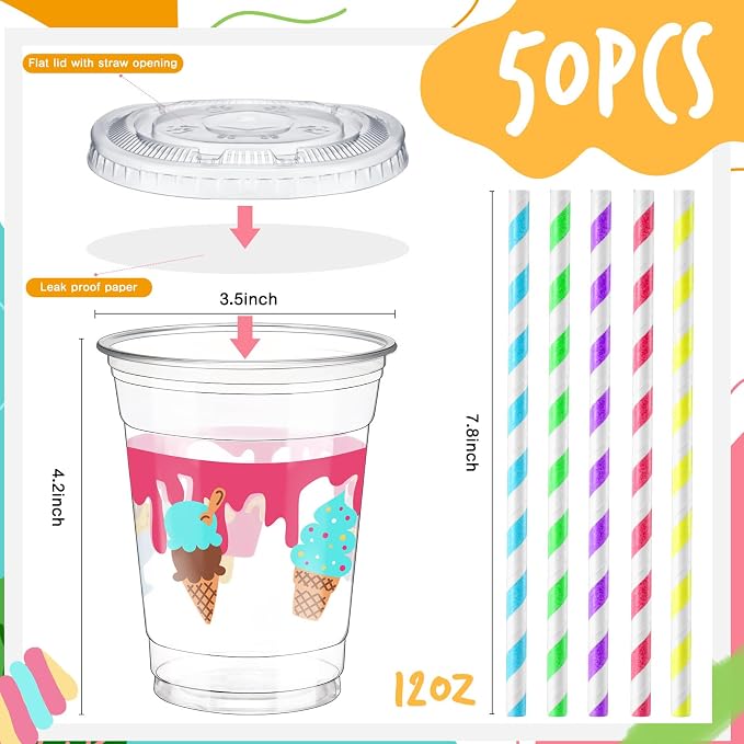 FoldTier 50 Pcs Ice Cream Birthday Party Plastic Cup 12 oz Cold Drinks Cups Boy or Girl Thick Clear Cup Birthday Party Supplies Disposable Cups with Lids for Iced Coffee, Smoothie, Milkshake