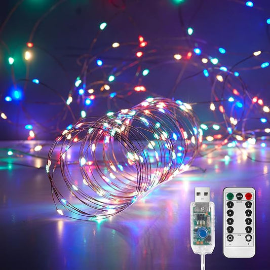 Ariceleo 1 Pack 32. 8 ft. USB Powered Fairy Lights with Remote & Timer, 100 LED USB Twinkle String Lights - Silver Wire, 8 Modes, Waterproof, Multi Color Starry Lights for Party, Wedding, Christmas