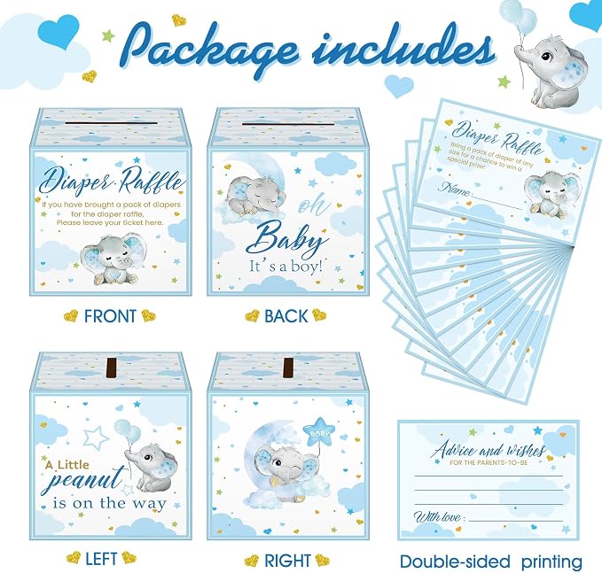 Teling 51 Pieces Diaper Raffle Tickets with Card Box Baby Shower Decorations Baby Shower Holder Box for Girl Boy Diaper Raffle Party(Blue Elephant)