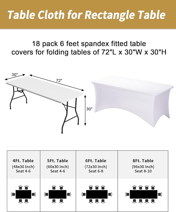 Fixwal 18 Pack 6Ft White Table Cover, Spandex Fitted Bulk Tablecloths Rectangle, Wrinkle-Free and Stretch Folding Table Cloth for Banquet, Wedding, Party, Trade Show