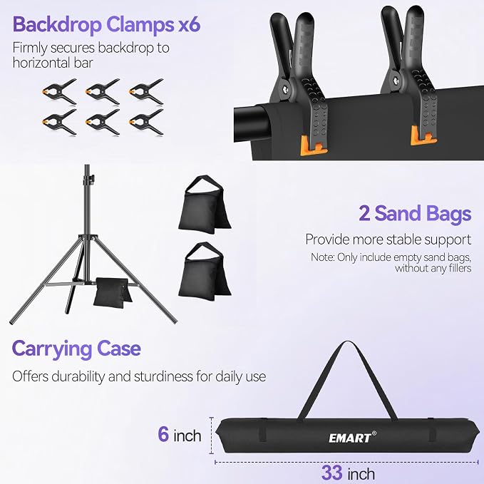 EMART 8.5 x 10 ft Adjustable Photo Backdrop Stand Kit with 12 x 10 ft Portable Black Backdrop, Background Holder Support System Kit for Photography, Party, Live Game, Interviews, YouTube, TIK Tok