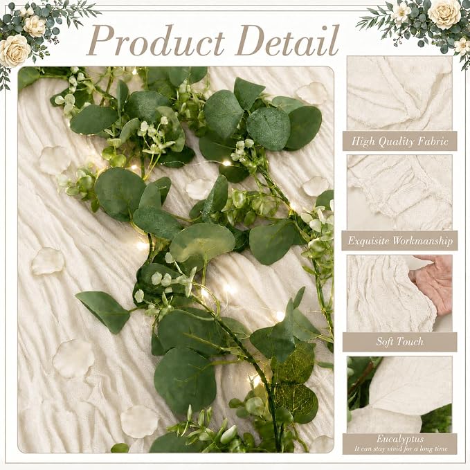 Cinrobiye 11PCS Boho Cheesecloth Table Runner Set with Rose Petals, 120'' Gauze Table Runner, Wrinkled Napkins, Eucalyptus Garland and String Lights for Wedding Baby Shower Tea Party Decorations