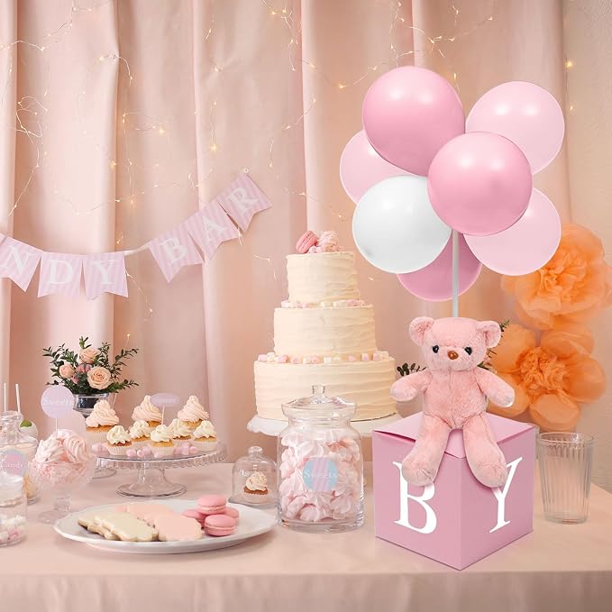 Lenwen 3 Sets Jungle Animal Decoration for Baby Shower Letter Boxes Baby Shower Table Centerpiece Stuffed Animals Balloon with Stand Plush Boxes for Party(Pink,Bear)