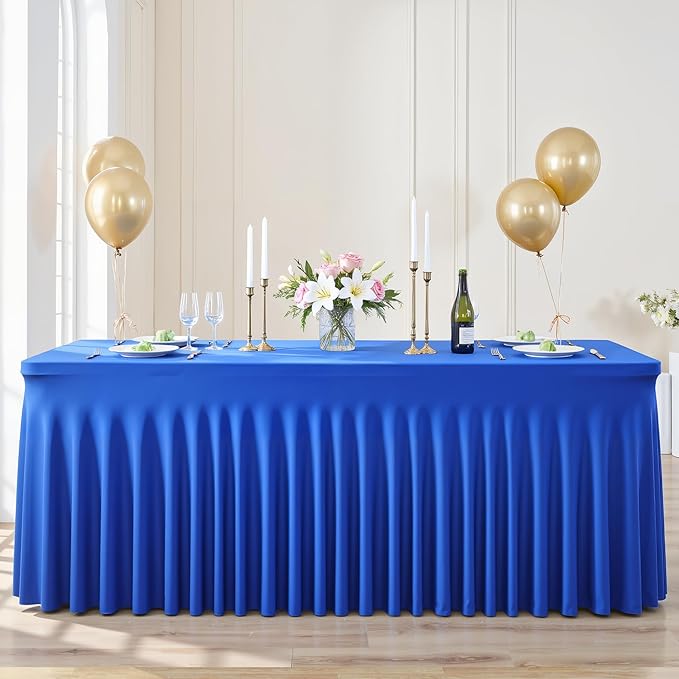 2 Pack 8ft Royal Blue Spandex Table Cloths for Rectangle Tables Wrinkle Free Rectangle Tablecloths, Stretch Fitted Table Cover with Skirt for Birthday Party Wedding Banquet Baby Shower Buffet Event