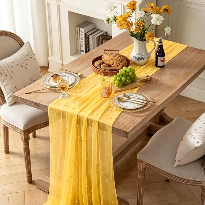BINBE 6pcs Pearl Table Runner Spring Summer Rustic Boho 10ft Tulle Table Runner for Baby Shower Wedding Veil Holiday Dessert Table Decor Yellow