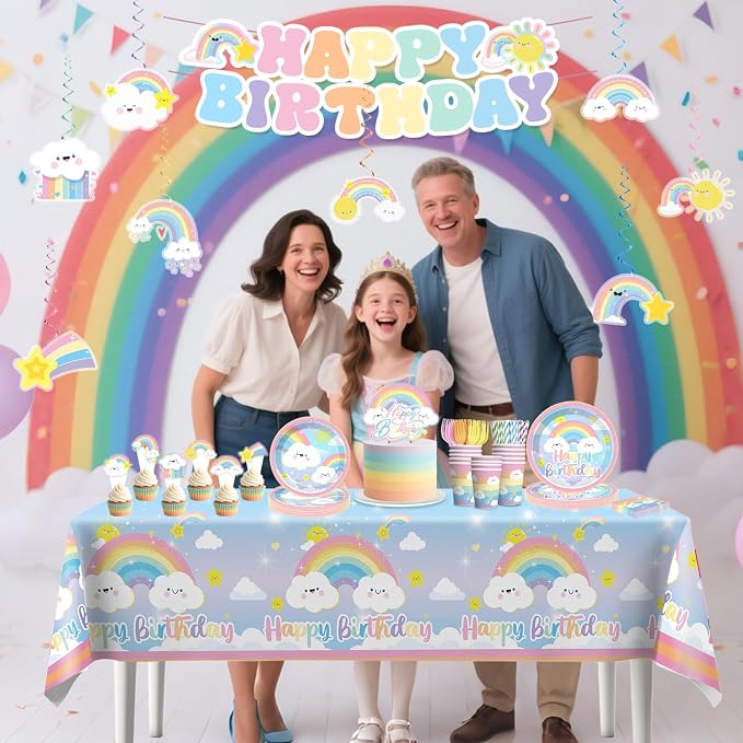 Xynic 174pcs Rainbow Birthday Decorations Tableware Complete Party Set, Rainbow Birthday Party Decorations, includes Pastel-Rainbow Paper Banner Plates Napkins Cups Forks, etc, Serves 25 Guests