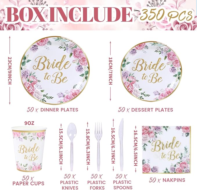 350PCS Floral Bridal Shower Decorations for 50 Guests Include Paper Plate, Napkin, Cup and Disposable Plastic Tableware