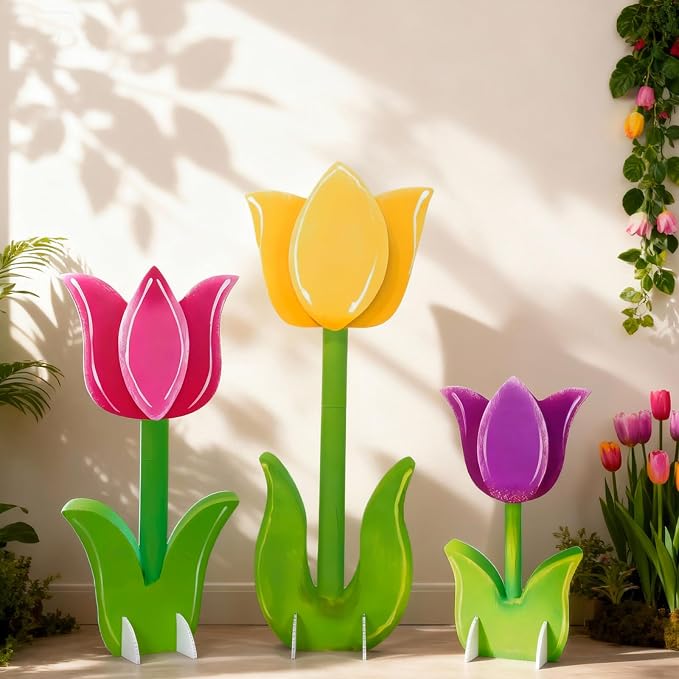 Amyhill 3 Pcs Spring Decorations Tulip Cardboard Cutout Standup Life Size 16.93/23.23/29.92 Inches Tulip Flower Cardboard Cutouts for Mother's Day Indoor Outdoor Yard Baby Shower Party Photo Props