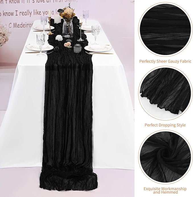 8 Pack Black Cheesecloth Table Runner 120 Inch 10FT Spring Boho Rustic Sheer Gauze Cheese Cloth Table Runner for Wedding Baby Shower Birthday Party Table Decor