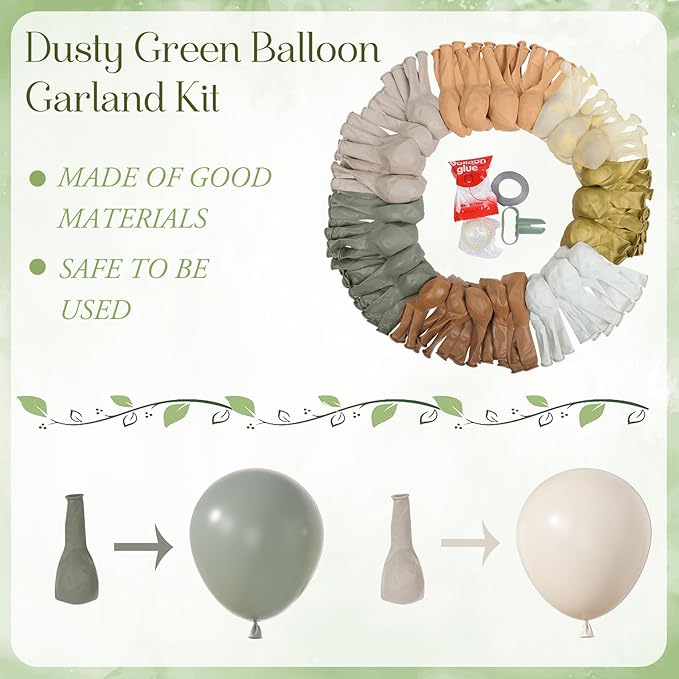 Amandir 173Pcs Dusty Green Nude Balloon Arch Garland Kit, Blush Cream White Sand Avocado Green Brown Gold Confetti Balloons for Neutral Shower Gender Reveal Wedding Birthday Party Decorations
