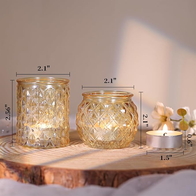 DARJEN 12Pcs Gold Votive Candle Holders - Glass Candle Holder for Table Centerpiece, Tea Light Candle Holders Glass for Wedding Shower, Home & Tea Party Decor