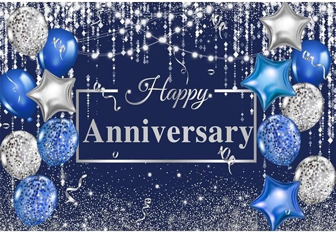 Yeele 7x5ft Happy Anniversary Backdrop Blue and Silver Balloons Silver Glitter Confetti Photography Background for Wedding Anniversary Party Supplies Decoration Photo Shoot Props Vinyl