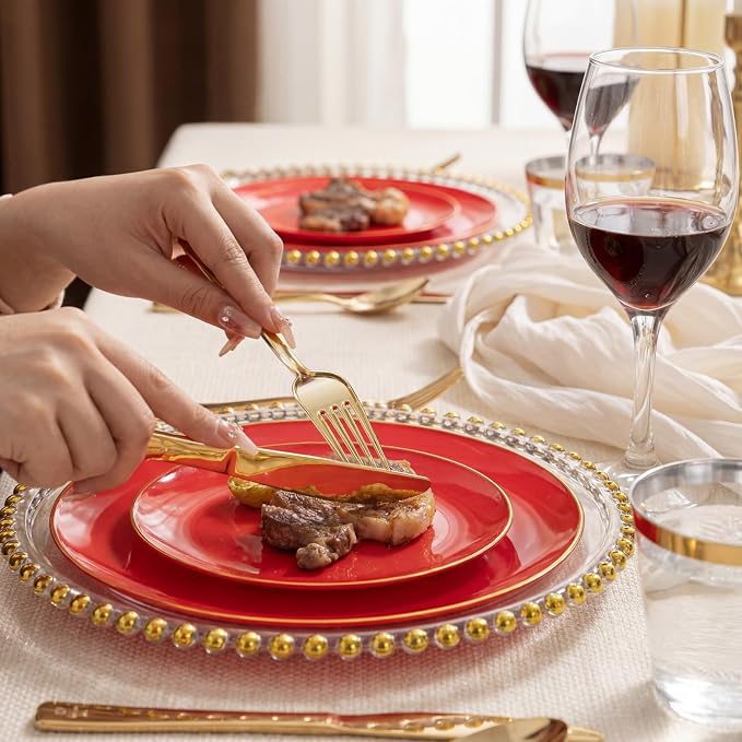 WDF 150Pcs Red Plastic Plates - Red Plates Disposable 25Guest Dinnerware Include 25 Dinner Plate, 25 Dessert Plate, 75 Cutlery & 25 9oz Cups for Wedding/Birthday/Bridal Shower