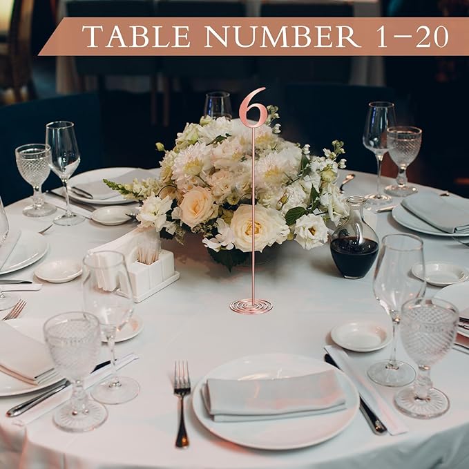 Therwen 20 Pcs Metal Table Numbers 1-20 Table Numbers for Wedding Reception 12 Inch Stainless Steel Party Desk Figure with Sturdy Holder Base for Banquet Wedding Party Event Catering(Rose Gold)