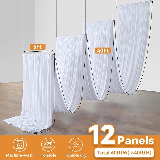 12 Panels 5x40ft White Ceiling Drapes for Wedding, Wrinkle Free Thick Polyester 40 ft Long Canopy Tent Draping Ceiling Curtains Arch Drapery for Birthday Party Event Venue Decoration