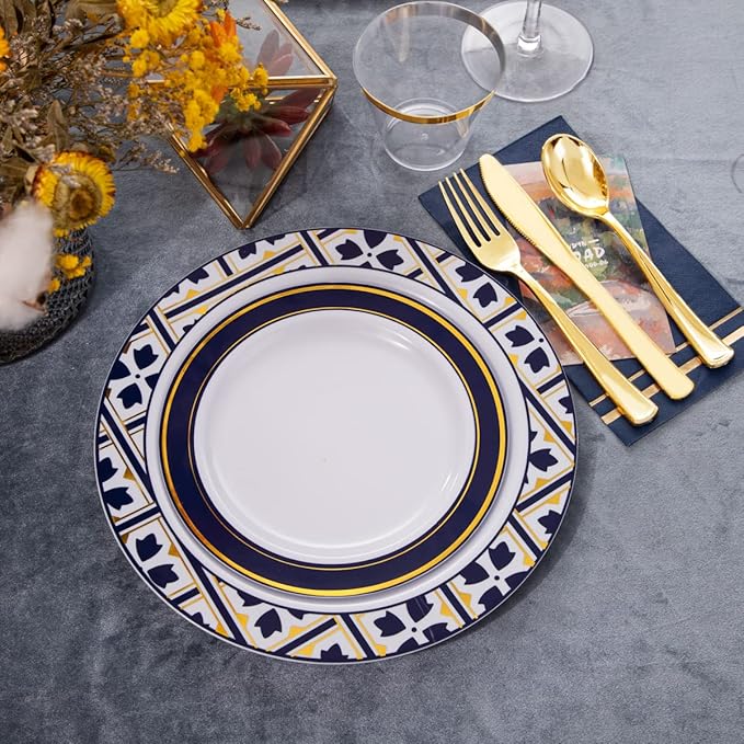 Nervure 175PCS Blue Plastic Plates - White Blue Gold Disposable Plates Include 25Dinner Plate, 25Dessert Plate, 25Cups, 25Forks, 25Knives, 25Spoons, 25Napkins for Wedding & Party