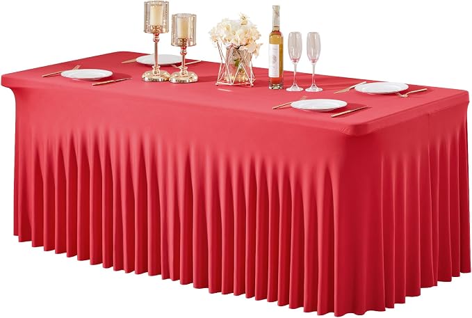 1 Pack Red Table Clothes for 4 Foot Rectangle Tables, Wrinkle Resistant Stretch Spandex Table Covers Fitted Tablecloth with Skirt for Valentines Wedding Birthday Party Event Banquet