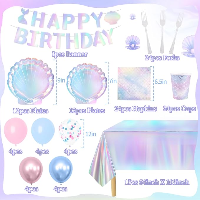 Mermaid Birthday Party Decorations 118Pcs Under The Sea Party Decorations Supplies with Plates Napkins Cups Forks Tablecloth Balloons Banner for Mermaid Theme Decorations Serves 24