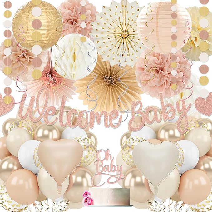 Champagne-Gold Baby Shower Decorations For Girl,65pcs Beige Fall Boho Party Décor with Netural Balloon,Welcome Banner,Sweet Peach Paper Fan Lanterns Pom Poms,Baby-Girl Party Favors Rustic Backdrop