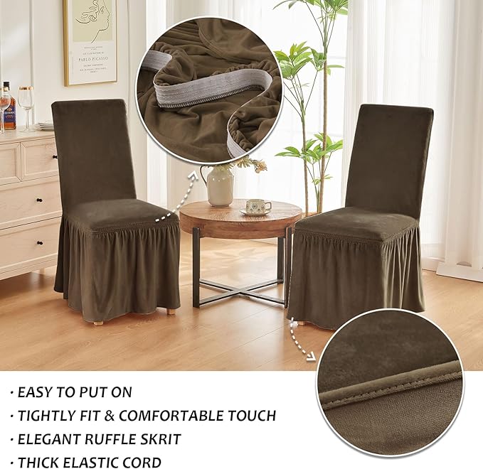 NICEEC Spandex Chair Covers for Dining Chairs Covers Set of 6 Removable Dining Room Chair Covers with Skirt Parson Chair Slipcovers Washable Chair Protector for Kitchen Wedding Party Banquet(Brown)