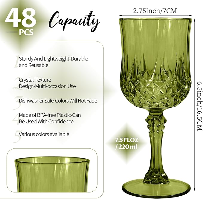 48Pack Green Plastic Wine Glasses,Vintage Plastic Goblets for Parties, Dark Green Drinking Glasses Crystal Water Goblets Reusable for Wedding Reception, Grand Event Party Supplies