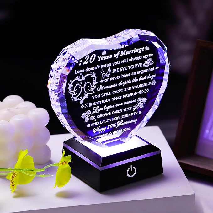 Arikyrist 20th Wedding Anniversary Crystal Heart Gifts for Couples, Laser Engraved Romantic 20 Year Anniversary Crystal Keepsake Gifts for Wife Husband, 20 Years of Marriage Gift for Her Him Friends