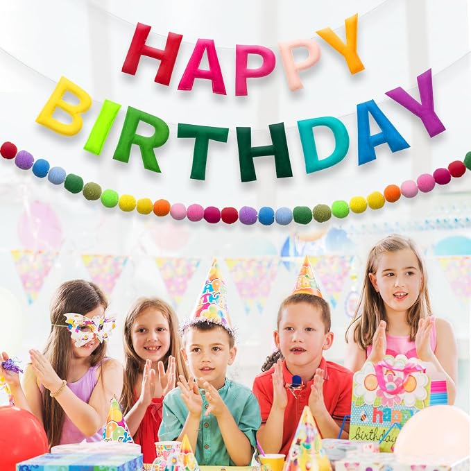Bosctanuc 118 Inch Pre Strung Happy Birthday Banner, Felt Ball Garland Happy Birthday Garland, Rainbow Birth Day Decor Party Favor, Multi-Color String Balls, Resuable Rainbow Banner