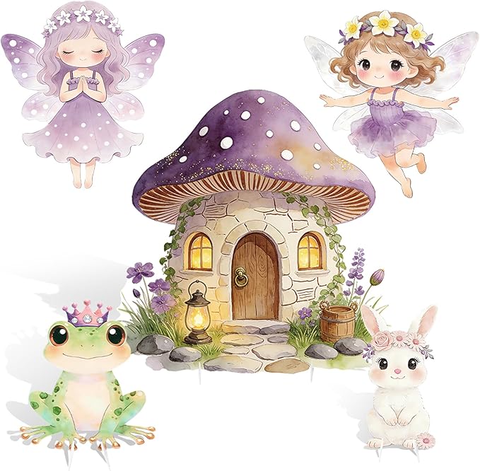 5PCS Purple Fairy First Birthday Decorations, Magical Woodland Cardboard Cutouts Corrugated Plastic Yard Signs Enchanted Garden Themed Party Supplies Princess Baby Shower Photo Props