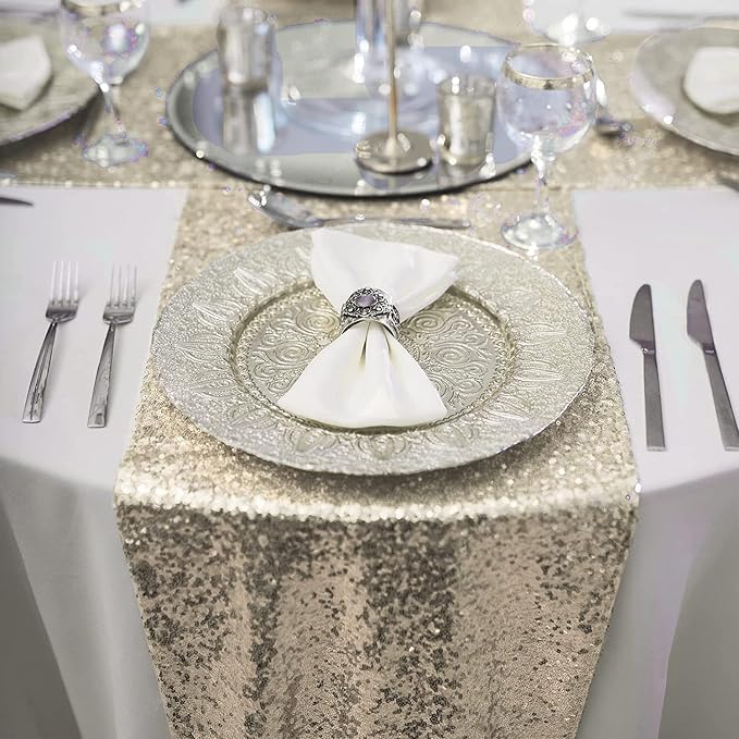 2 Pack Champagne Sequin Table Runner 12 x 72 Inch - High Density Sparkly Glitter Table Runners for Wedding Reception, Birthday Party, Baby Shower, Shimmering Champagne Party Decor