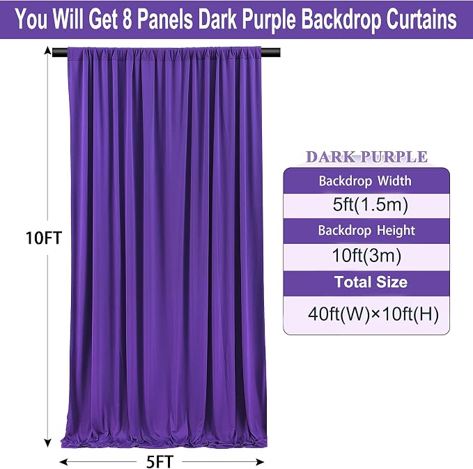 40ft×10ft Wrinkle Free Dark Purple Backdrop Curtain for Party, 8 Panels 5ft×10ft Soft Silky Polyester Purple Photo Backdrop Drapes for Birthday Baby Shower Wedding Mother's Day Photography