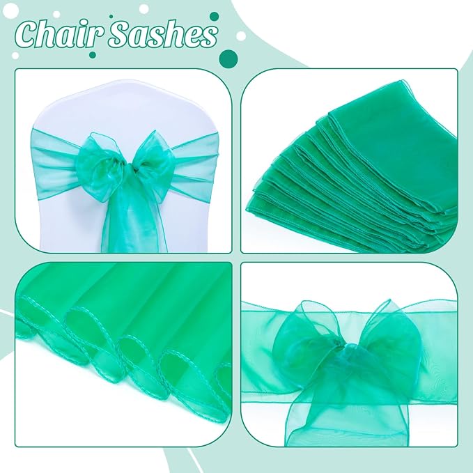 MDS® Pack of 150 Organza Chair Sashes for Wedding Decoration, Reusable Sheer Chair Bows for Banquet Chair Cover, Reception, Bridal Shower, Baby Shower, Birthday Party & Special Events - Green