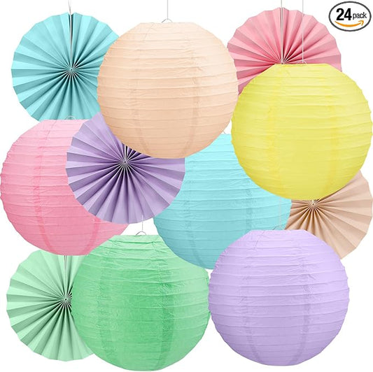 Flutesan Pastel 12 Pcs Classroom Decor Hanging Paper Lanterns and Paper Fans Back to School Party Classroom Ceilings Decor Supplies for Bulletin Board Office Wall Birthday Party Decoration