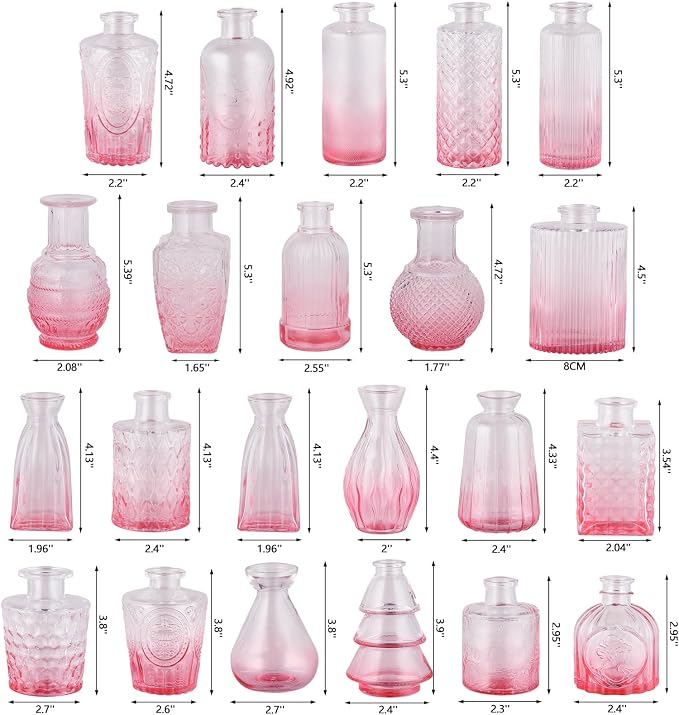 RUCKAE Glass Bud Vases Mini Flower Vase Small Vintage Vases for Centerpiece Table Wedding Decorations Home Decor Party(Gradient Pink 22 Pack)