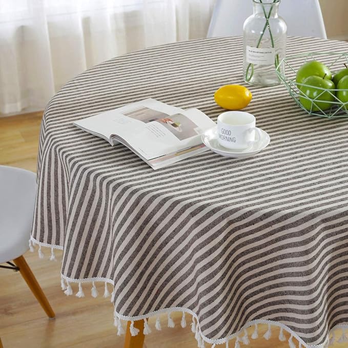 meioro Round Tablecloth Stripe Tassel Table Cloth Cotton Linen Dust-Proof Table Cover for Dining Circle Coffee Side End Card Table(Coffee Brown Stripes, 60 Inch)